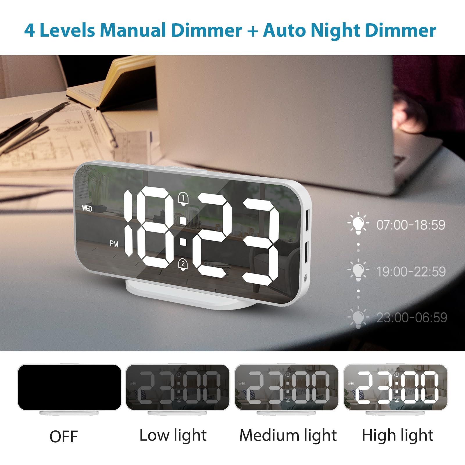 ALANAS Digital Alarm Clock with Dual Alarms, Mirror LED Bedroom Alarm Clocks for Kids, Adjustable Brightness, Snooze, 2 USB Ports for Cellphone Charging, 12/24 Hour Display., White