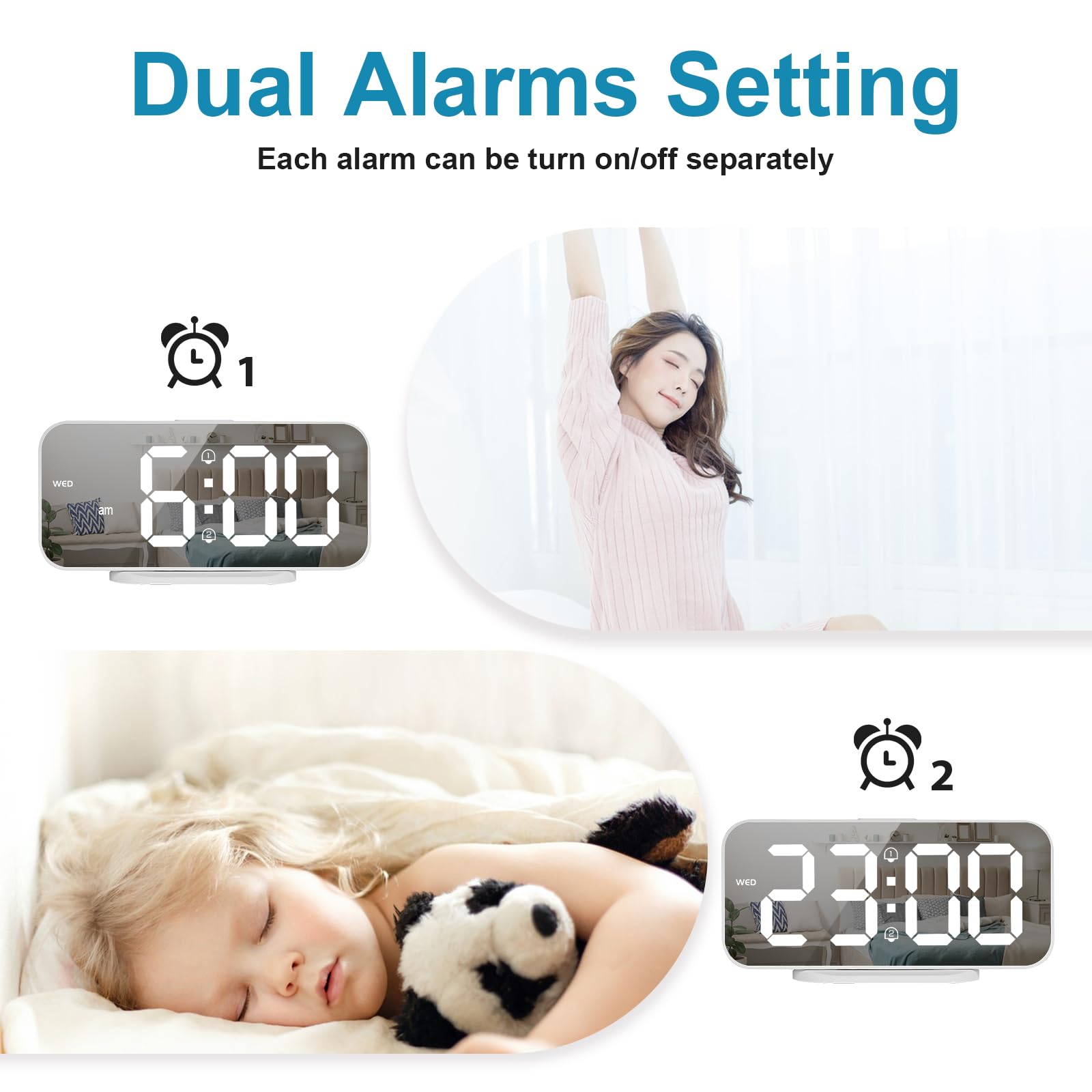 ALANAS Digital Alarm Clock with Dual Alarms, Mirror LED Bedroom Alarm Clocks for Kids, Adjustable Brightness, Snooze, 2 USB Ports for Cellphone Charging, 12/24 Hour Display., White