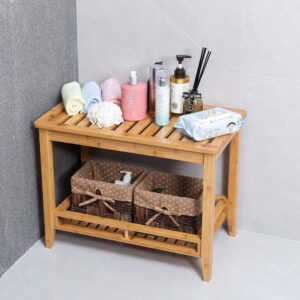 Zoopolyn Bamboo Shower Bench Seat with Storage Shelf Shower Stool Chair for Shaving Legs in Bathroom & Inside Shower Natural