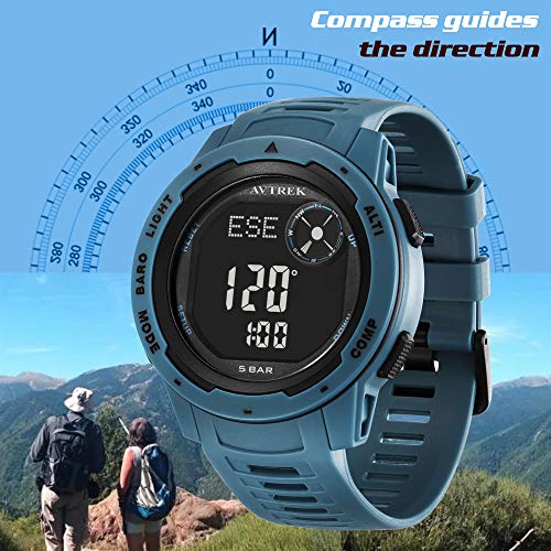 AVTREK Tactical Digital Watch-No App Pedometer Watch-Altimeter Barometer Compass Watch-LED Backlight-50M Waterproof-Outdoor Sports Watch for Men&Women-Walking/Running/Hiking(Black)