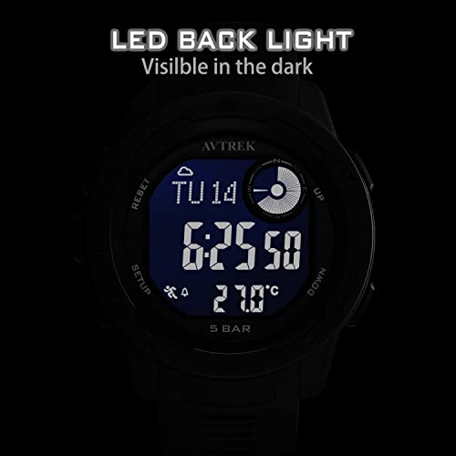 AVTREK Tactical Digital Watch-No App Pedometer Watch-Altimeter Barometer Compass Watch-LED Backlight-50M Waterproof-Outdoor Sports Watch for Men&Women-Walking/Running/Hiking(Black)