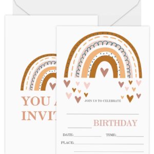 JJOINUS Birthday Party Invitations for Girls Kids, Boho Brown Rainbow Invites With Envelopes, 20 Pieces of Fill-in Blank Invitation Card Kit