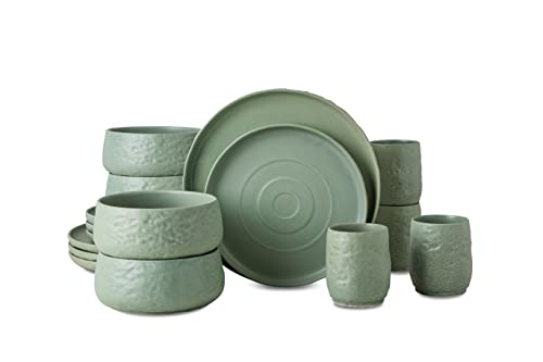 Stone by Mercer Project SHOSAI 16-Piece Stoneware Dinnerware Set, Plates and Bowls Set, Modern Dishware set fo 4, Sage