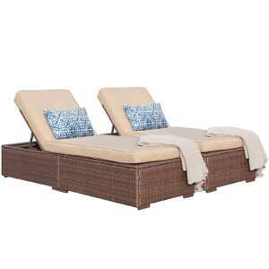 JOIVI Outdoor Patio Chaise Lounge Chairs Set of 2, PE Wicker Patio Pool Lounge Chairs Furniture Set of 2, Pool Lounger Brown Rattan Adjustable Backrest with Removable Beige Furniture Cushion