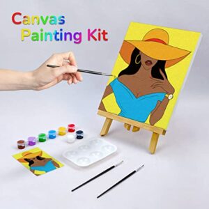 VOCHIC Canvas Painting Kit Pre Drawn Canvas for Paint Adult Party Kits Paint and Sip Party Supplies 8x10 Canvas to Paint Afro Queen 8 Acrylic Colors,3 Brush,1 Pallet Girl Paint Art Set