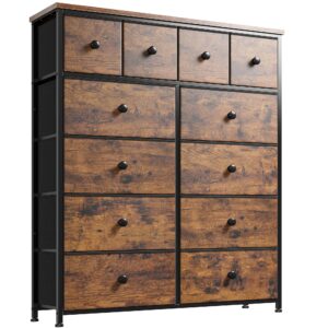 enhomee dresser,12 drawer dresser for bedroom fabric dressers & chests of drawers for bedroom, living room,wood top metal frame, rustic brown
