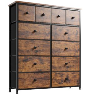 EnHomee Dresser,12 Drawer Dresser for Bedroom Fabric Dressers & Chests of Drawers for Bedroom, Living Room,Wood Top Metal Frame, Rustic Brown