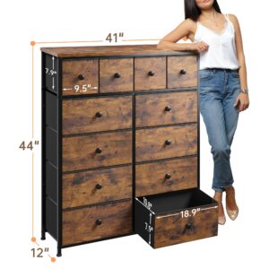 EnHomee Dresser,12 Drawer Dresser for Bedroom Fabric Dressers & Chests of Drawers for Bedroom, Living Room,Wood Top Metal Frame, Rustic Brown