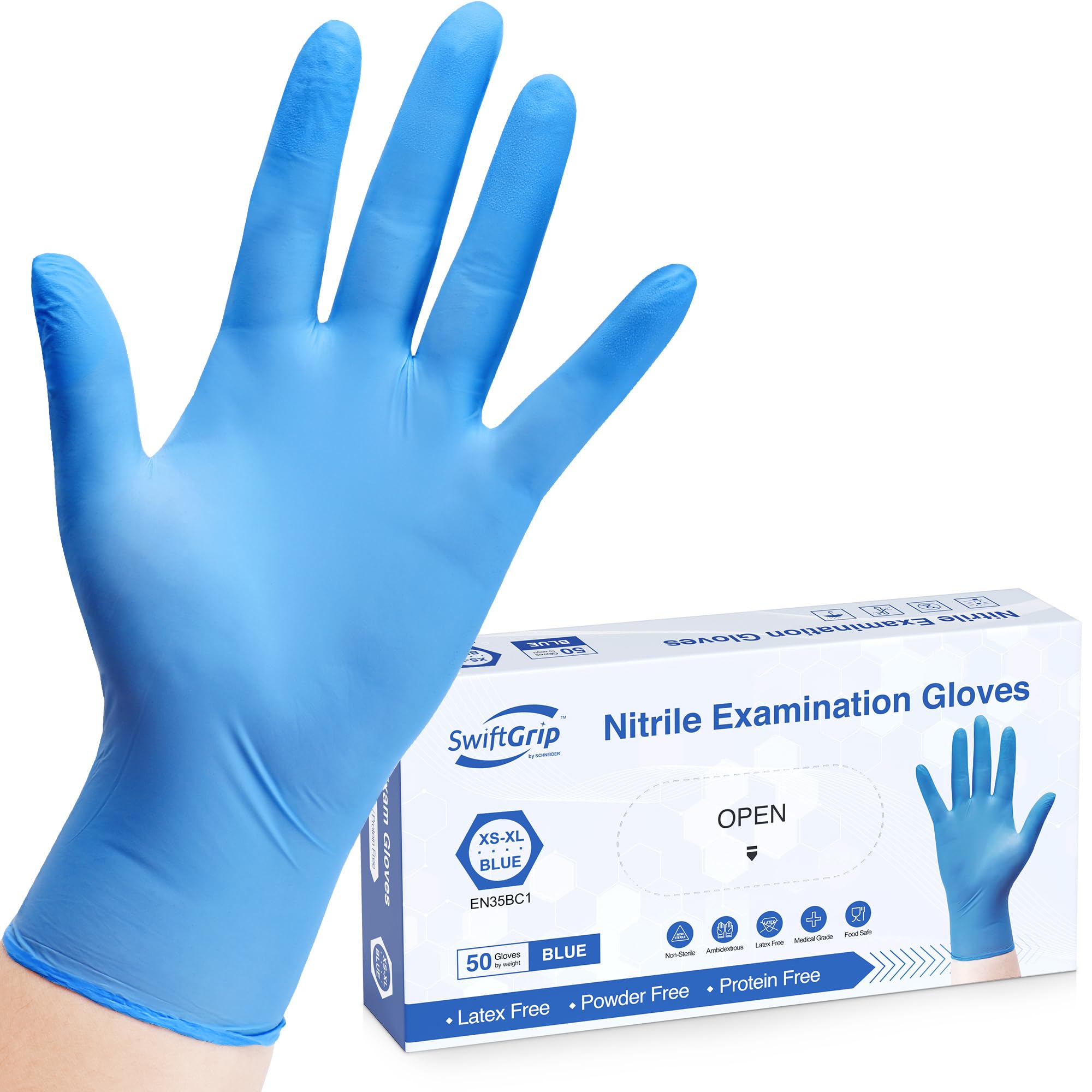 SwiftGrip Disposable Nitrile Exam Gloves, 3-mil, Blue, Nitrile Gloves Disposable Latex Free, Medical Gloves, Cleaning Gloves, Food-Safe Rubber Gloves, Powder Free, Non-Sterile, 50-ct Box (Large)