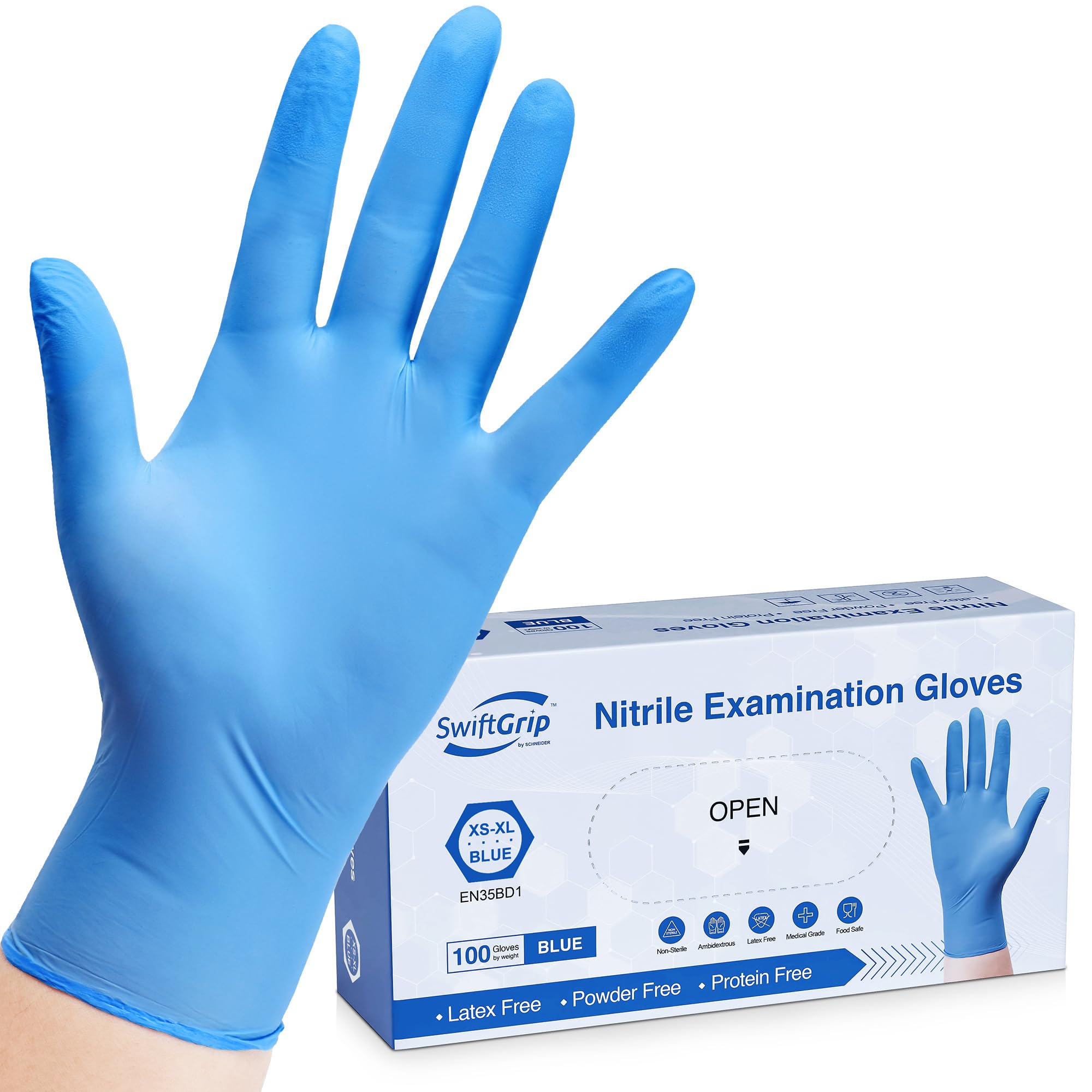 SwiftGrip Disposable Nitrile Exam Gloves, 3-mil, Blue, Nitrile Gloves Disposable Latex Free, Medical Gloves, Cleaning Gloves, Food-Safe Rubber Gloves, Powder Free, Non-Sterile, 100-ct Box (Large)