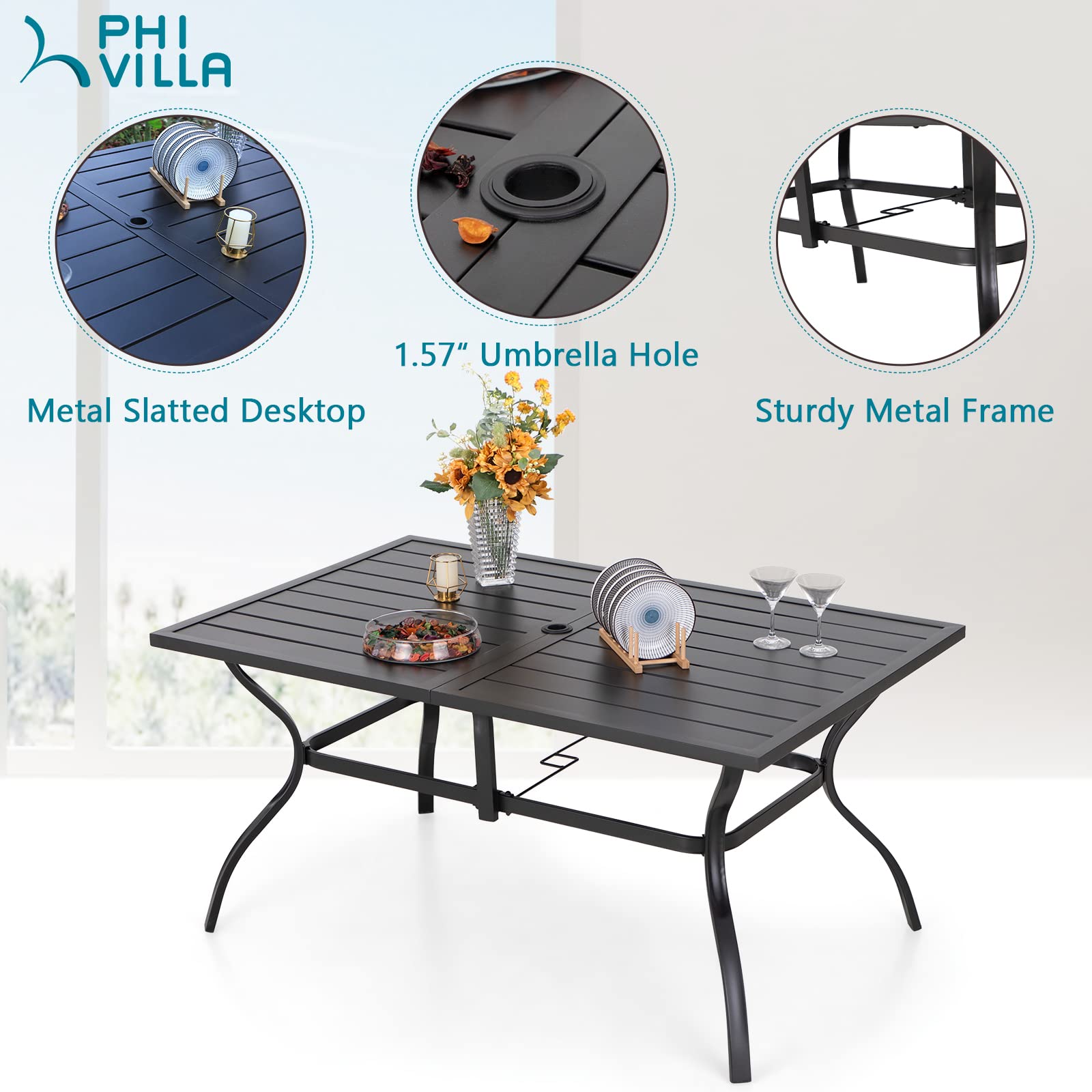 PHI VILLA Patio Dining Set for 6 Clearance, Outdoor Dining Table with Umbrella Hole and 6 Patio Dining Chairs Waterproof & Rustproof Suitable for All Weather