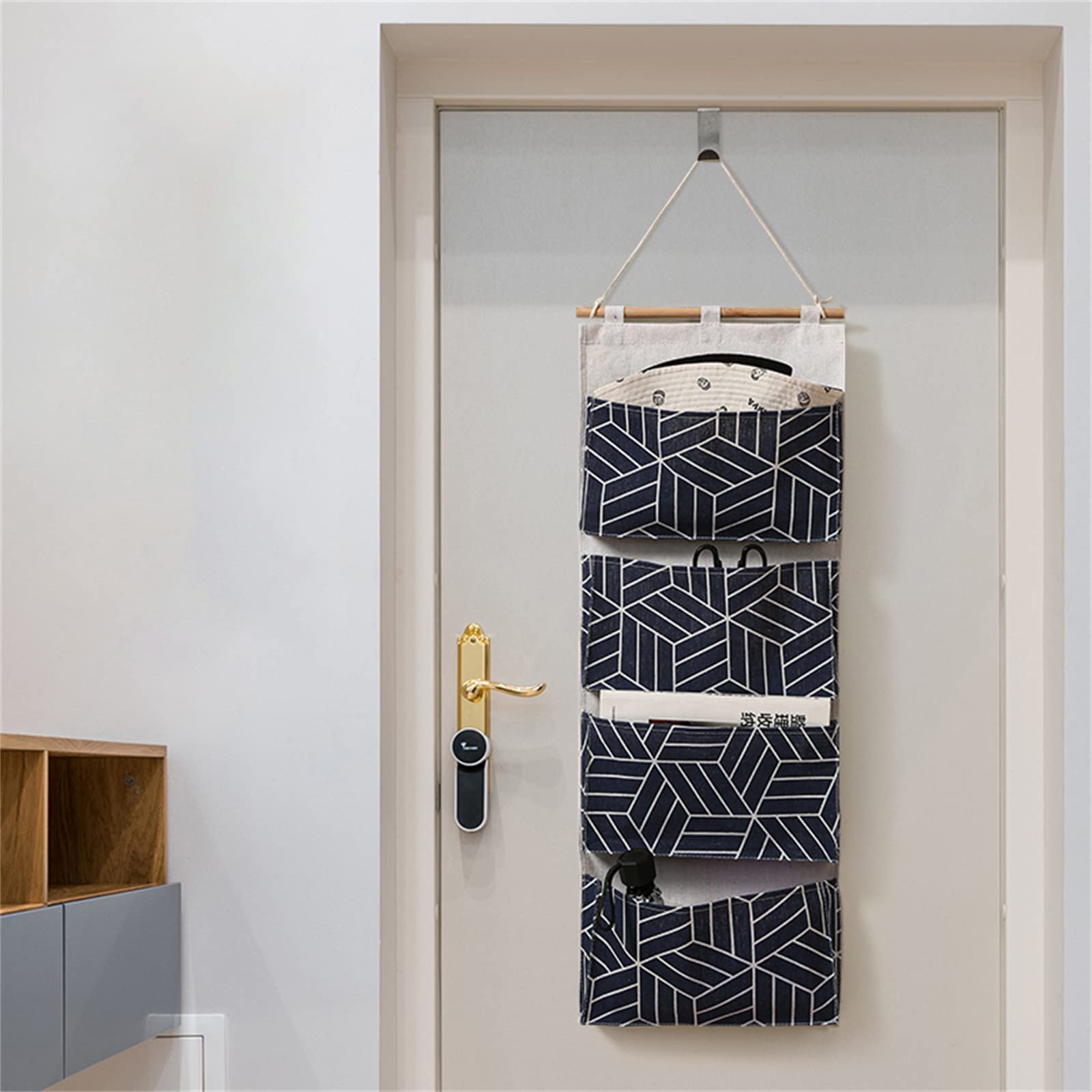 FAYYGYH 3Pcs 4 Big Pockets Over Door Hanging Storage Bags,Waterproof Linen Cotton Fabric Multi Functional Living Room Bedroom Bathroom Free 6 Hooks (3Pack)