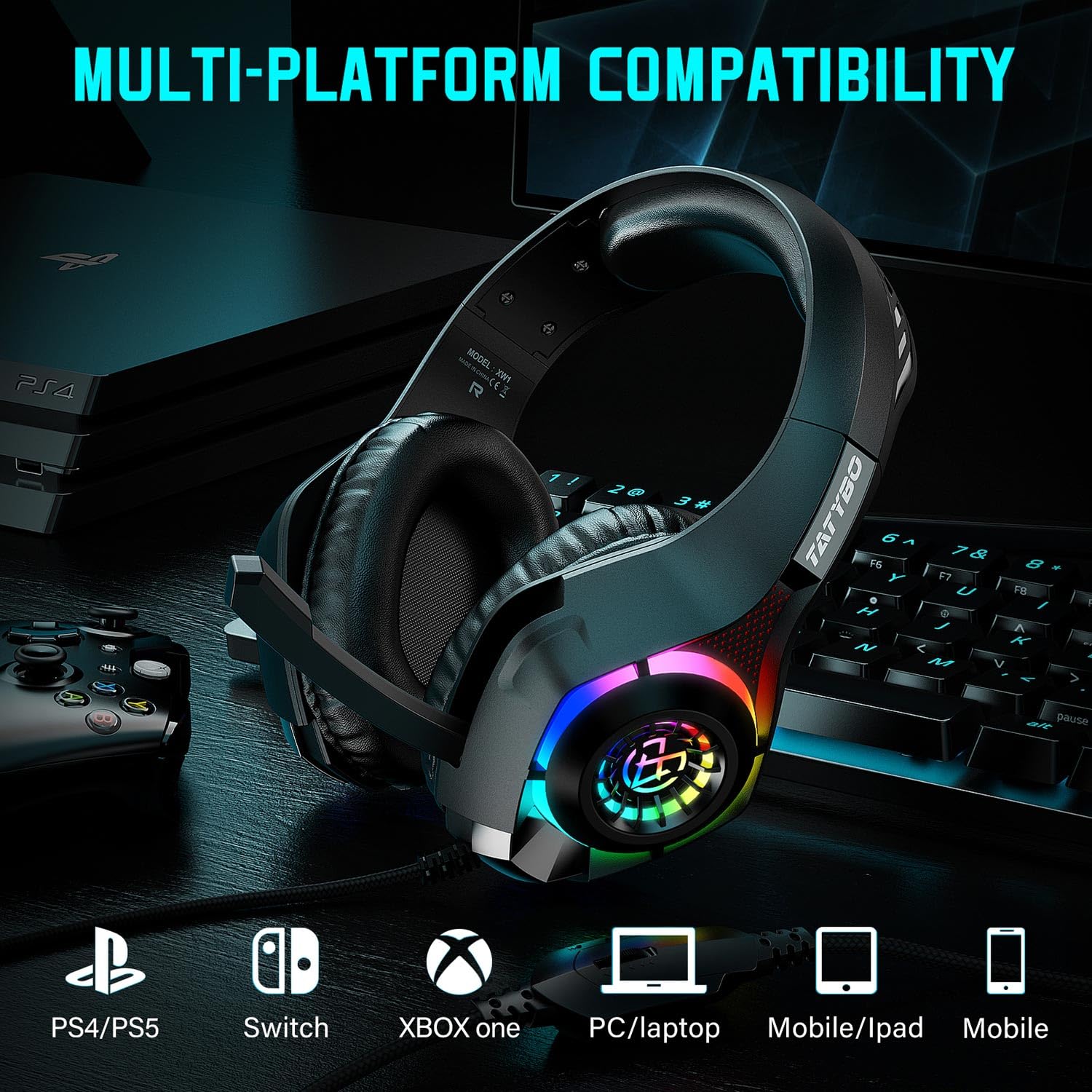 Tatybo Gaming Headset for PS4 PS5 Switch Xbox One PC with RGB Light, Noise Canceling Mic, Surround Sound Gaming Headphones