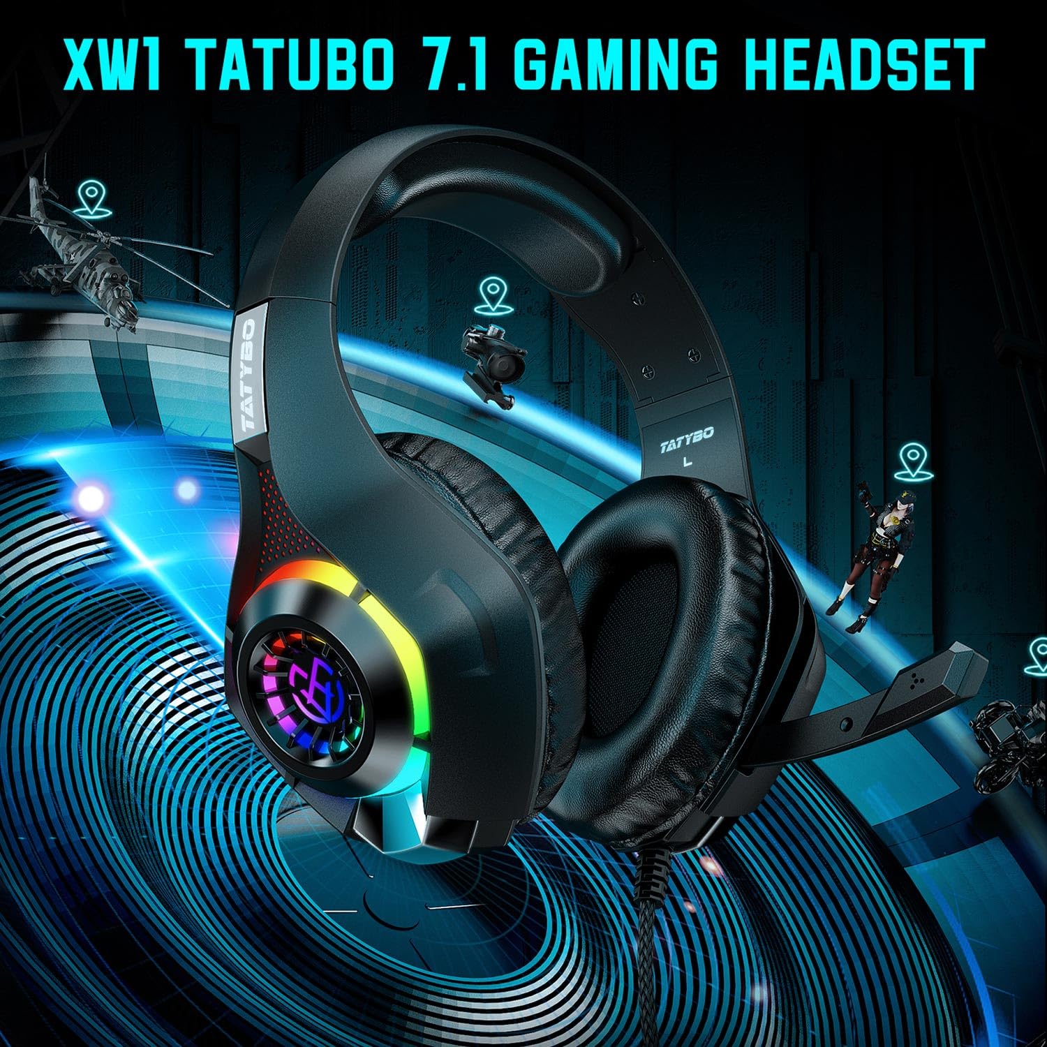 Tatybo Gaming Headset for PS4 PS5 Switch Xbox One PC with RGB Light, Noise Canceling Mic, Surround Sound Gaming Headphones