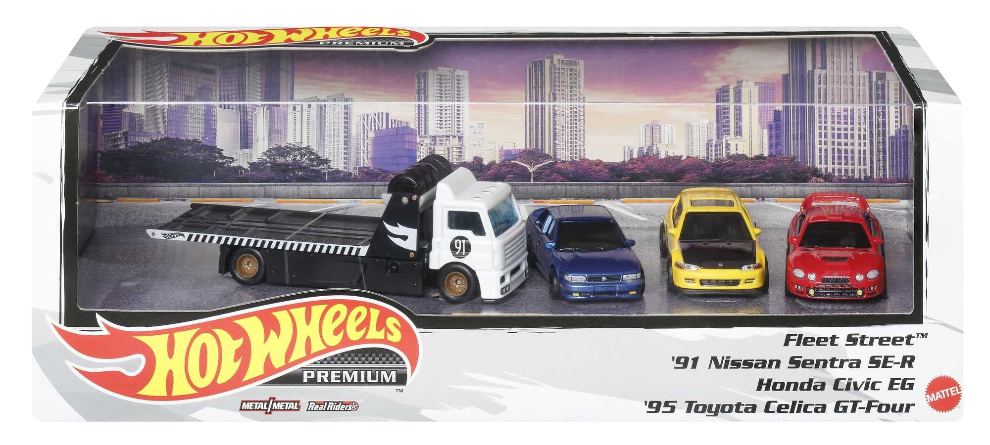 Hot Wheels Premium Collect Display Sets with 3 1:64 Scale Die-Cast Cars & 1 Team Transport Vehicle, Collectors’ Favorites, 2 Sets in The Assortment for Collectors of All Ages