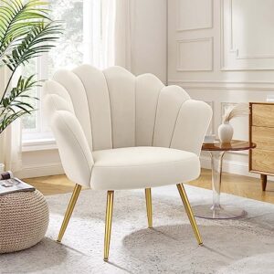 Alunaune Mid Century Velvet Living Room Chair Accent Chairs, Upholstered Vanity Chair for Makeup Room, Modern Barrel Arm Chair Guest Leisure Chair Comfy for Bedroom-Ivory