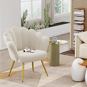 Alunaune Mid Century Velvet Living Room Chair Accent Chairs, Upholstered Vanity Chair for Makeup Room, Modern Barrel Arm Chair Guest Leisure Chair Comfy for Bedroom-Ivory