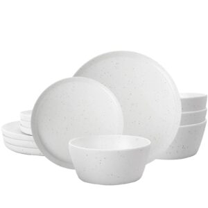 melamine dinnerware set - 12 pcs melamine plates indoor and outdoor use matte white speckled design plates and bowls dinnerware sets summer fall camping dish set for 4 dishwasher safe