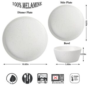 Melamine Dinnerware Set - 12 pcs Melamine Plates Indoor and Outdoor use Matte White SPECKLED DESIGN Plates and Bowls Dinnerware Sets Summer Fall Camping Dish Set for 4 Dishwasher Safe