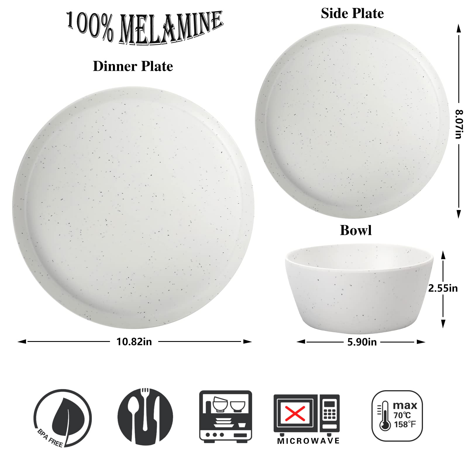 Melamine Dinnerware Set - 12 pcs Melamine Plates Indoor and Outdoor use Matte White SPECKLED DESIGN Plates and Bowls Dinnerware Sets Summer Fall Camping Dish Set for 4 Dishwasher Safe