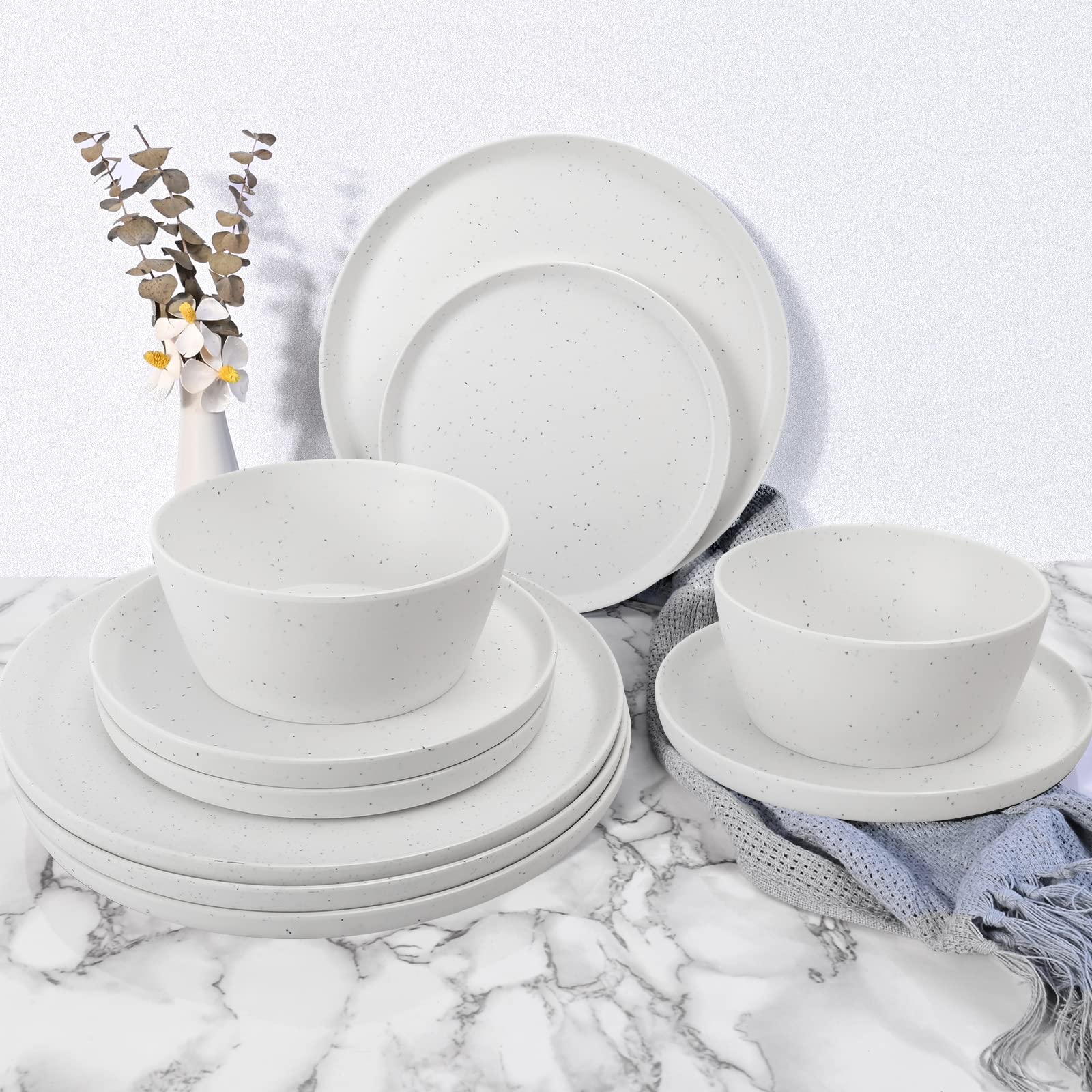 Melamine Dinnerware Set - 12 pcs Melamine Plates Indoor and Outdoor use Matte White SPECKLED DESIGN Plates and Bowls Dinnerware Sets Summer Fall Camping Dish Set for 4 Dishwasher Safe