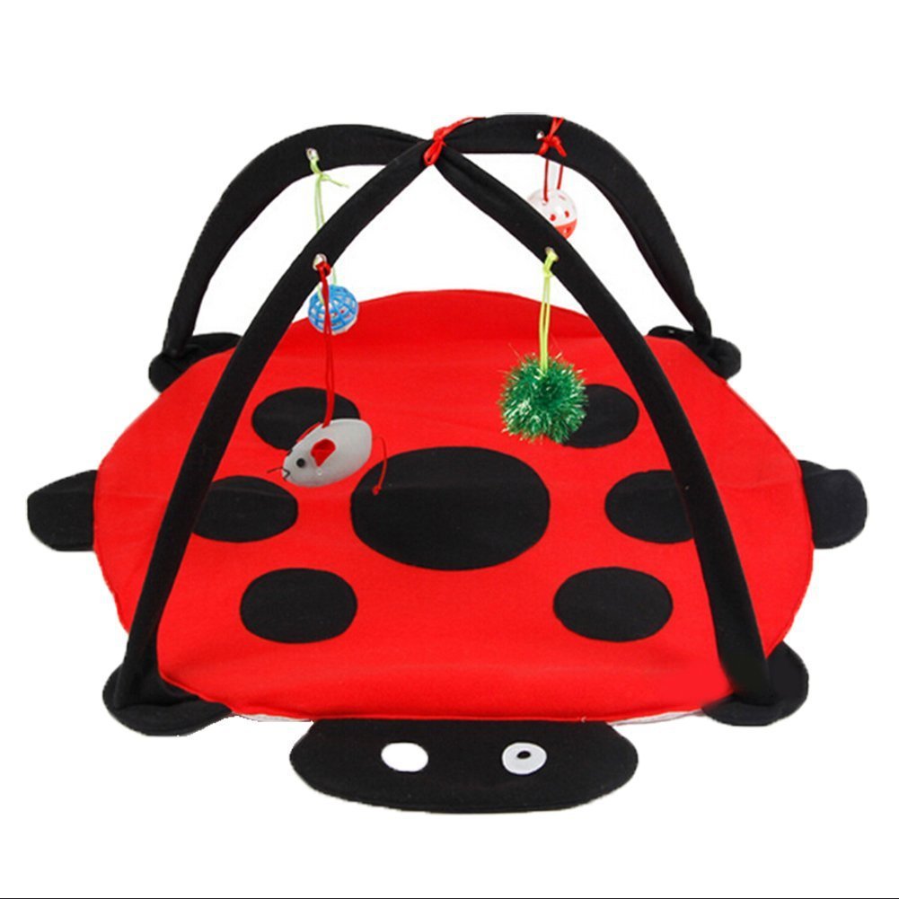 HAICHEN TEC Ferret Play Mat - Foldable Fleece Activity Center with Hang Toys Balls Mice Small Animal Interactive Mat Tent Toy for Exercise Napping (Ladybug)