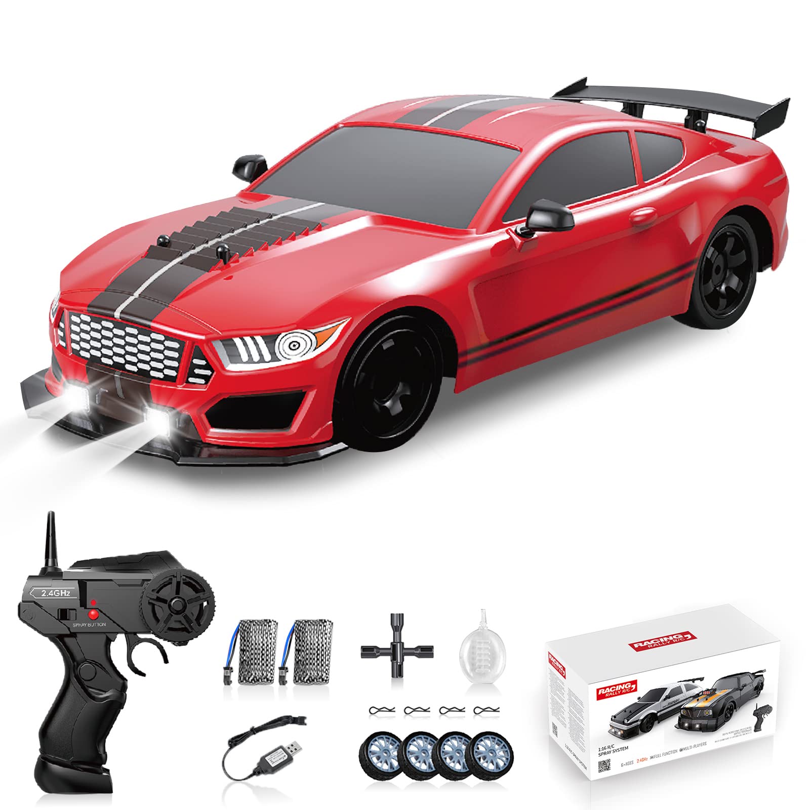 Sakeye RC Drift Car 2.4GHz 1:16 Scale 4WD High Speed Remote Control Cars Vehicle with LED Lights Two Batteries and Drifting Tires Racing Sport Toy Cars for Adults Boys Girls Kids Gift