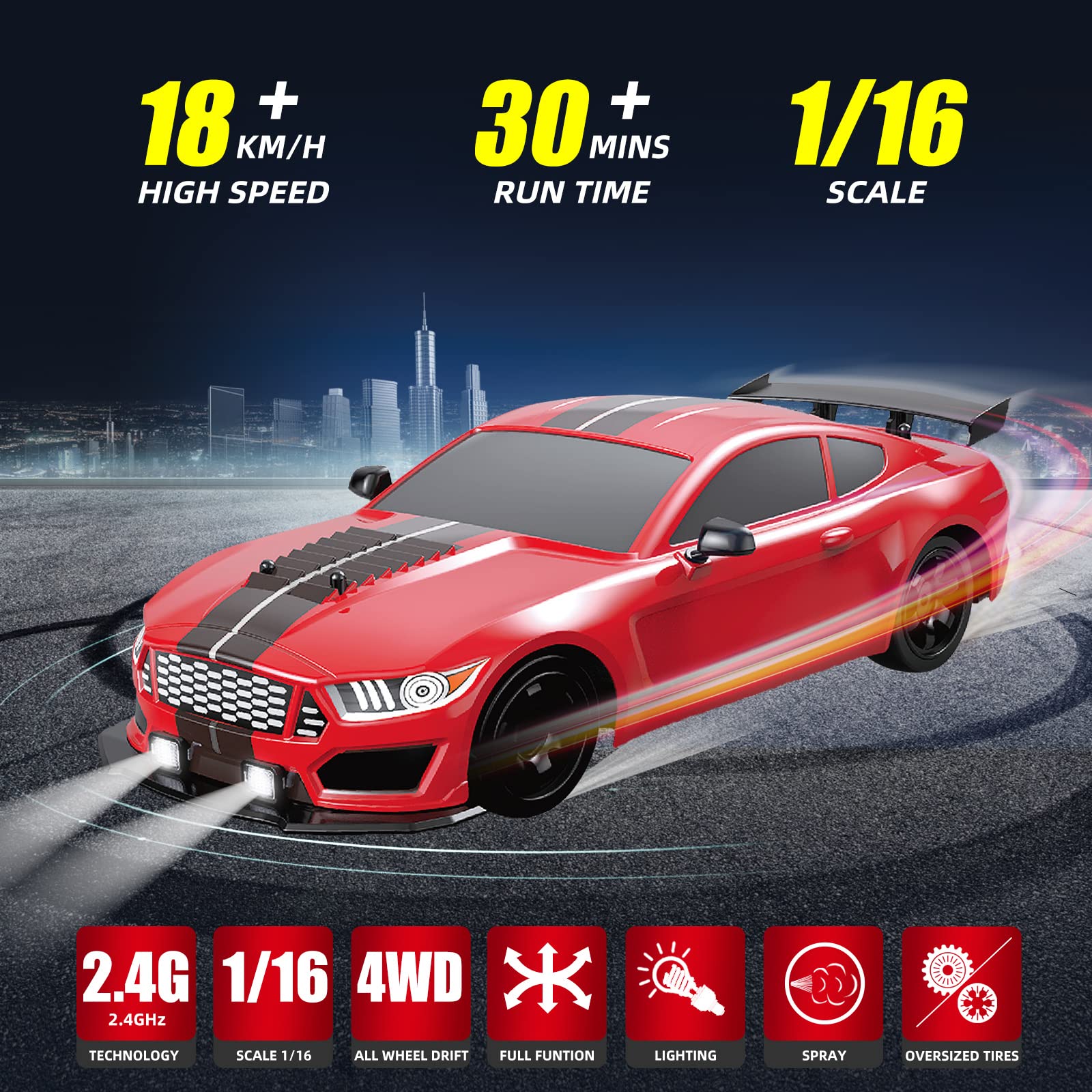 Sakeye RC Drift Car 2.4GHz 1:16 Scale 4WD High Speed Remote Control Cars Vehicle with LED Lights Two Batteries and Drifting Tires Racing Sport Toy Cars for Adults Boys Girls Kids Gift