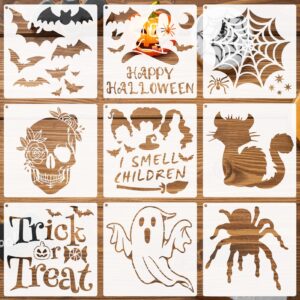 halloween stencils for painting on wood walls crafts canvas, reusable happy halloween/trick or treat/spider web/skull/bats/cat/ghost painting stencils for halloween decorations