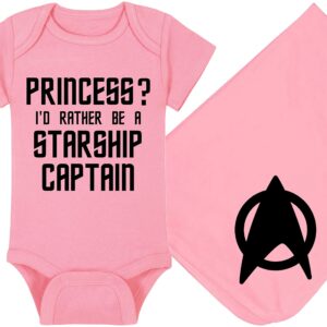 Trekkie Baby Onesie and Blanket - Princess? I'd Rather Be A Starship Captain - Starfleet Insignia (3-6 Month - Pink Fabric - Black Design)