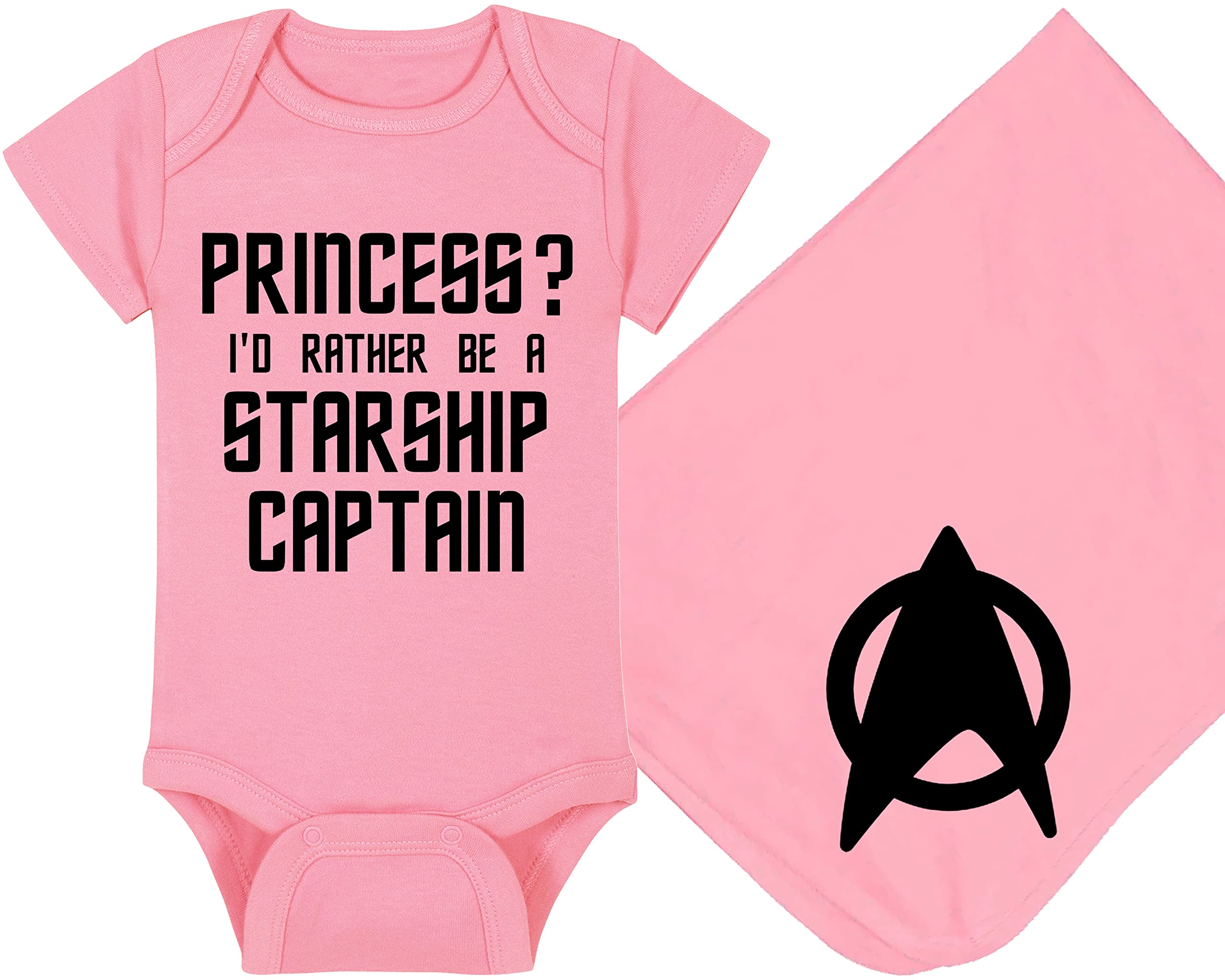 Trekkie Baby Onesie and Blanket - Princess? I'd Rather Be A Starship Captain - Starfleet Insignia (3-6 Month - Pink Fabric - Black Design)