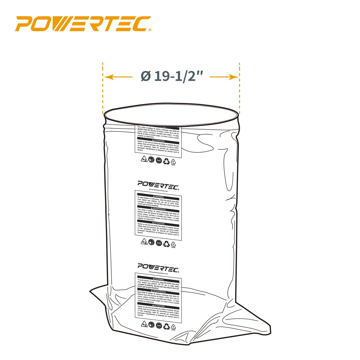 POWERTEC 70009V Clear Plastic Dust Collection Bag, 19-1/2 Inch Dia x 33-Inch, 5-Pack Dust Collector Bags for machine with 19"Filter Drum, 5 Pack