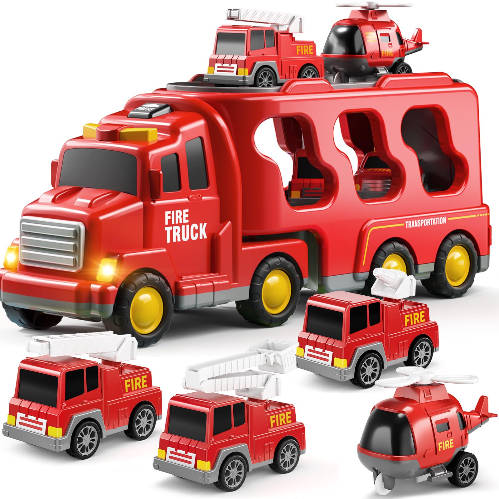 TEMI Fire Toys for 3 4 5 6 Years Old Boys Girls - 5 in 1 Carrier Truck Transport for Toddlers 1-3, Friction Power Vehicles for Kids 3-5, Christmas Birthday Gifts - Age 3-9