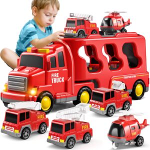 TEMI Fire Toys for 3 4 5 6 Years Old Boys Girls - 5 in 1 Carrier Truck Transport for Toddlers 1-3, Friction Power Vehicles for Kids 3-5, Christmas Birthday Gifts - Age 3-9