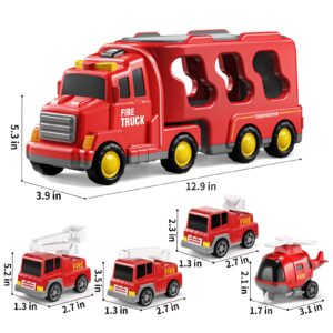 TEMI Fire Toys for 3 4 5 6 Years Old Boys Girls - 5 in 1 Carrier Truck Transport for Toddlers 1-3, Friction Power Vehicles for Kids 3-5, Christmas Birthday Gifts - Age 3-9