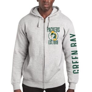 junk food standard soft full zip hooded fleece, unisex fit, green bay packers-athletic heather, large, grey