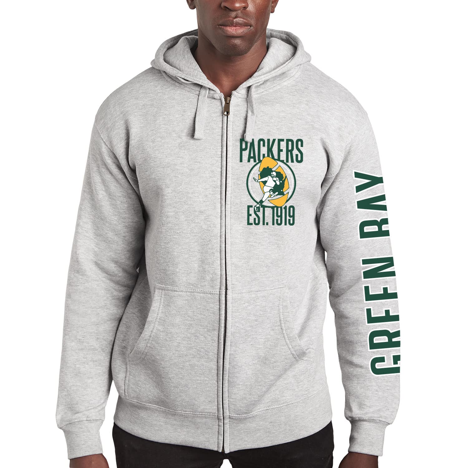 Junk Food Standard Soft Full Zip Hooded Fleece, Unisex Fit, Green Bay Packers-Athletic Heather, Large, Grey