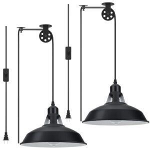 Lomoky Plug in Pendant Light, Hanging Lamp with Black Barn Pendant Lighting with 14.76ft Cord On/Off Switch, Adjustable Pulley Hanging Pendant Lighting for Kitchen Bedroom Restaurant 2 Pack