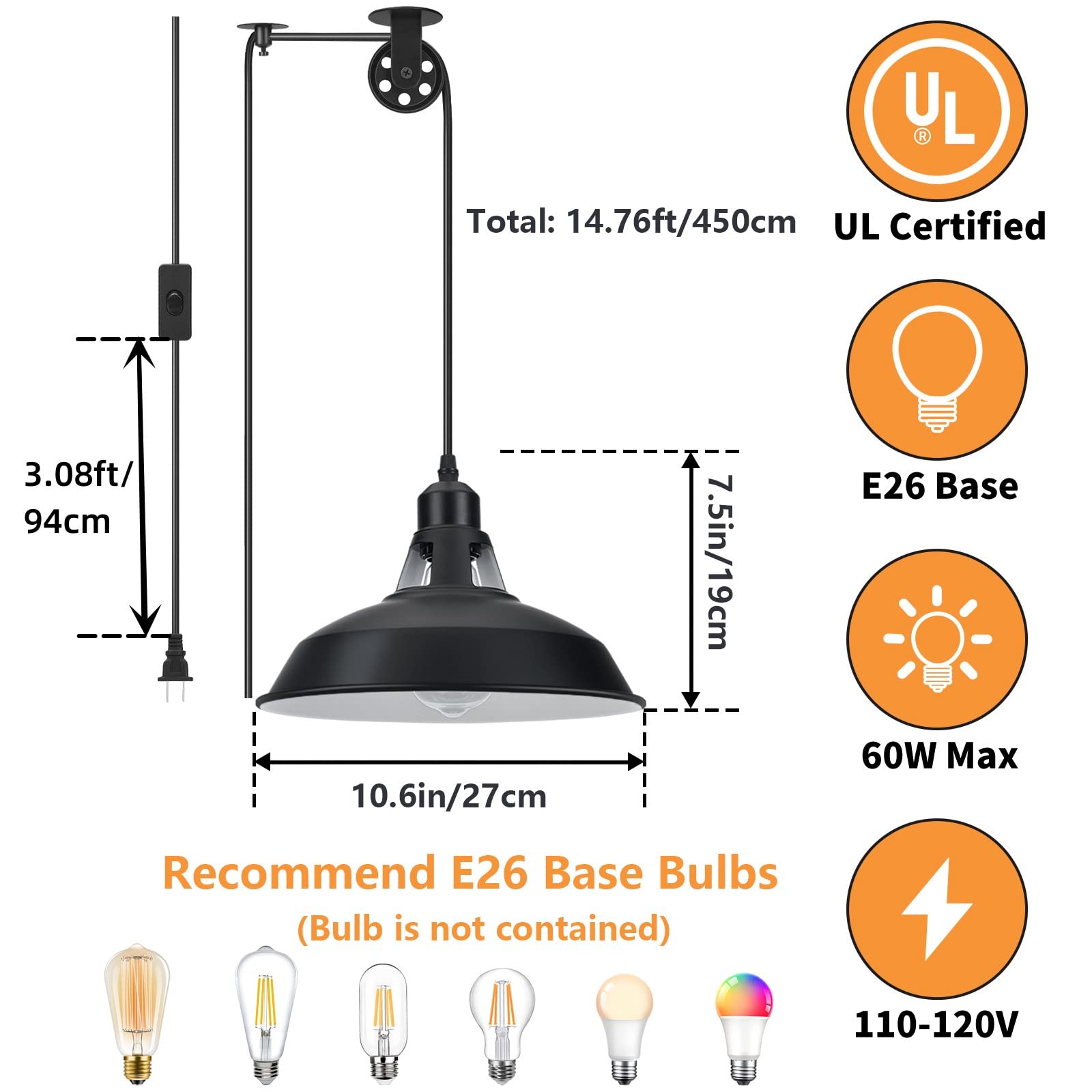 Lomoky Plug in Pendant Light, Hanging Lamp with Black Barn Pendant Lighting with 14.76ft Cord On/Off Switch, Adjustable Pulley Hanging Pendant Lighting for Kitchen Bedroom Restaurant 2 Pack