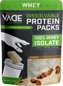 vade nutrition dissolvable protein packs - 100% whey isolate protein powder cappuccino - low carb, low calorie, lactose free, sugar free, fat free, gluten free - 30 packets to go