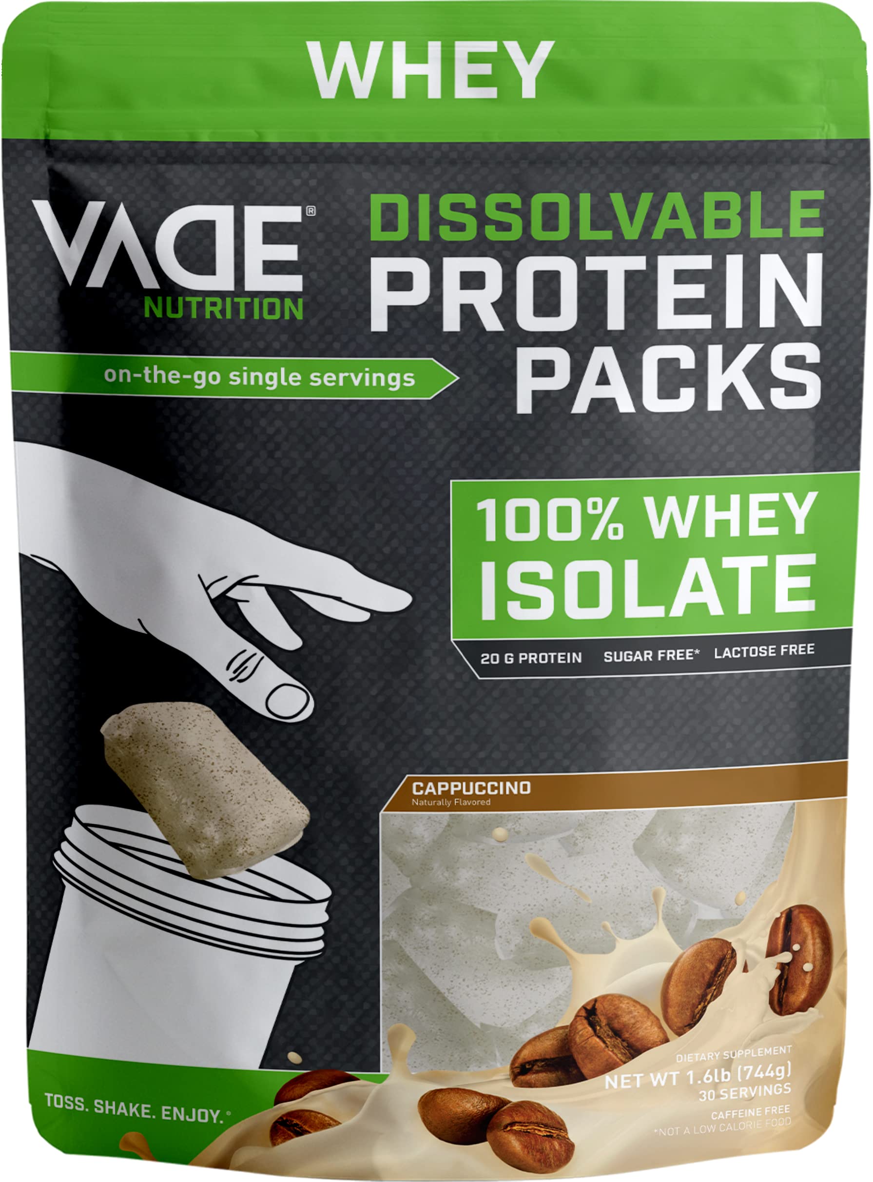 VADE Nutrition Dissolvable Protein Packs - 100% Whey Isolate Protein Powder Cappuccino - Low Carb, Low Calorie, Lactose Free, Sugar Free, Fat Free, Gluten Free - 30 Packets to Go