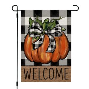 crowned beauty fall pumpkin garden flag 12x18 inch double sided for outside thanksgiving burlap buffalo plaid welcome small seasonal yard decoration (orange)