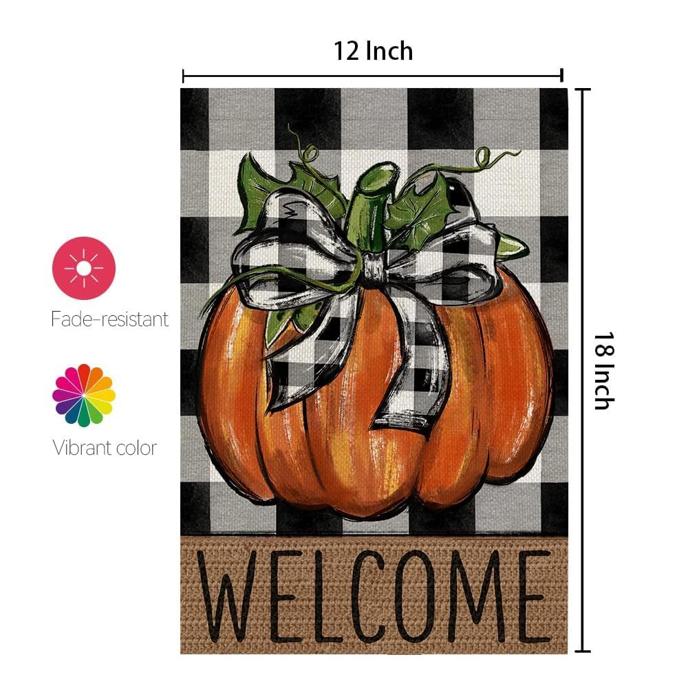 CROWNED BEAUTY Fall Pumpkin Garden Flag 12x18 Inch Double Sided for Outside Thanksgiving Burlap Buffalo Plaid Welcome Small Seasonal Yard Decoration (Orange)