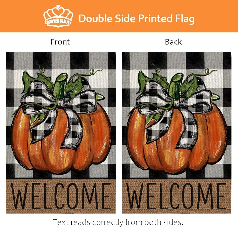 CROWNED BEAUTY Fall Pumpkin Garden Flag 12x18 Inch Double Sided for Outside Thanksgiving Burlap Buffalo Plaid Welcome Small Seasonal Yard Decoration (Orange)