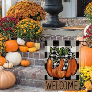 CROWNED BEAUTY Fall Pumpkin Garden Flag 12x18 Inch Double Sided for Outside Thanksgiving Burlap Buffalo Plaid Welcome Small Seasonal Yard Decoration (Orange)