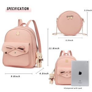 MACCINELO Cute Leather Mini Backpack Purse for Women Bowknot Small Backpack Purse for Girls Rucksack for Ladies Shoulder Bag for gift 3pcs