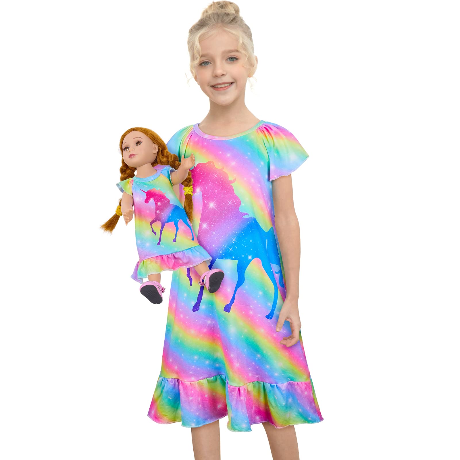 MHJY Doll and Girl Matching Nightgown Unicorn Outfit Princess Pajamas Sleepwear Dress for Girls & American 18" Dolls Clothes Rainbow