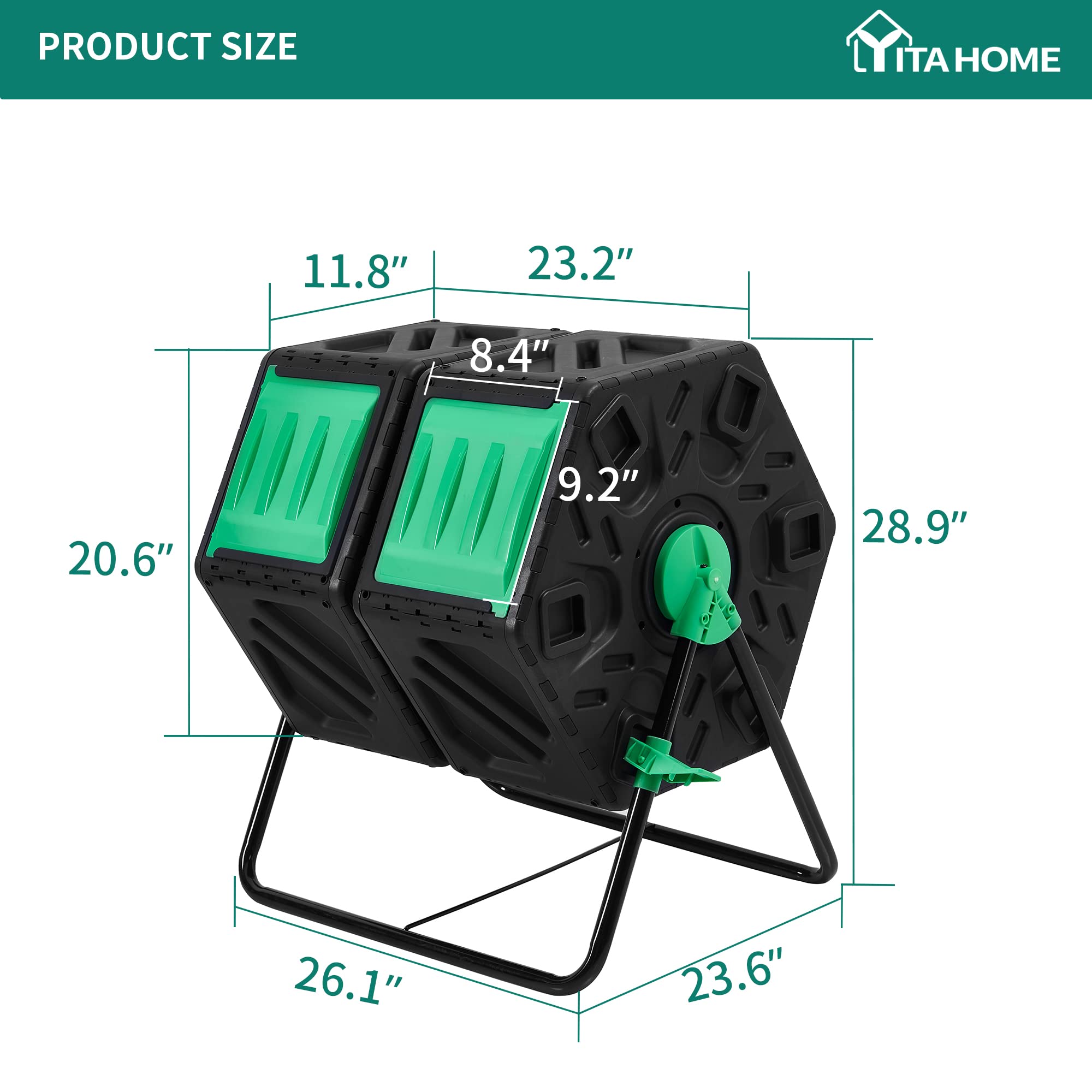 YITAHOME Large Outdoor Dual Chamber Compost Bin, 37 Gallon Rotating Composter Tumbling with 2 Sliding Doors and Aeration System, Garden Compost Tumbler, BPA Free (2x18.5 Gallon,Green)