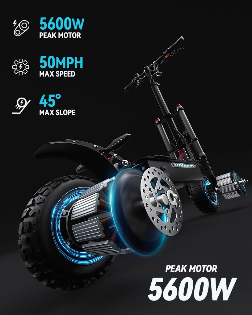 Adults Electric Scooter,Max Speed 50 MPH,5600W High Power Dual Motor,Up to 60Miles Range Battery,11 Inch Pneumatic Off-Road Tires with Detachable Seat for Daily Commuting…