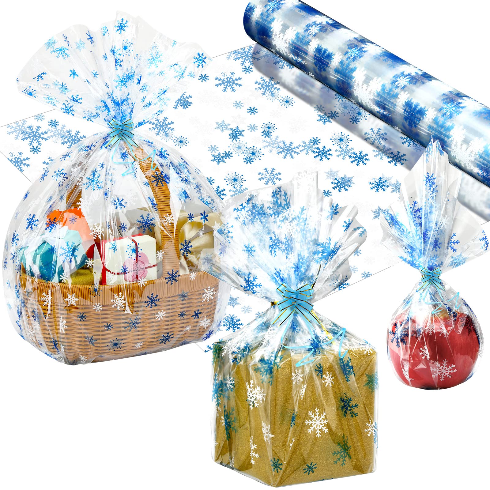 Teling Christmas Cellophane Wrap Roll 100 ft Long 32 Inch Wide 3.1 Mil Clear Wrapping Paper Plastic Gift Basket Wrap Cellophane Gift Wrap for Xmas Candy Treat Arts Crafts (Snowflake Pattern)